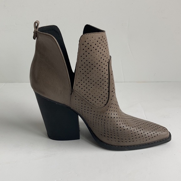 Qupid Mesh V Cut bootie faux leather closed pointy toe side cut 4” dark taupe - Picture 6 of 16